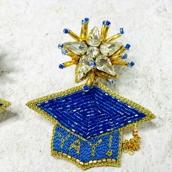 Royal Blue & Gold Graduation Graduate Earrings - Picture 4 of 6